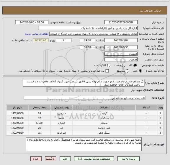 استعلام مصالح هاشم آباد هرند / در صورت عدم ارائه پیش فاکتور رسمی جهت کنترل کالای اعلام شده از لیست تامین کنندگان حذف خواهید شد.
کادر توضیحات حتما چک شود