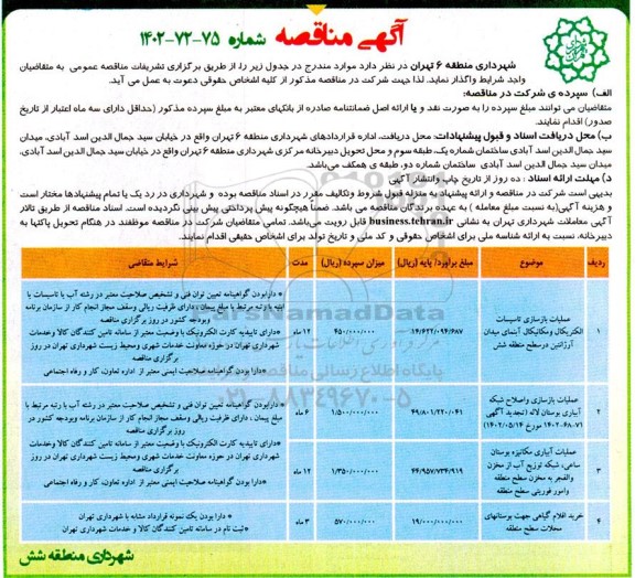 مناقصه عملیات بازسازی تاسیسات الکتریکال و مکانیکال ...