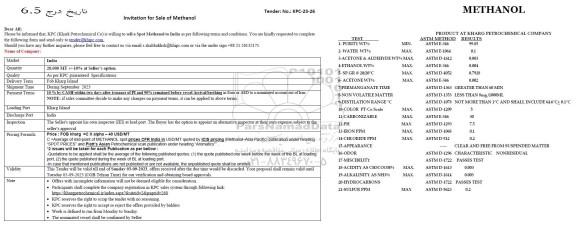 مزایده و مناقصه Sale of Methanol