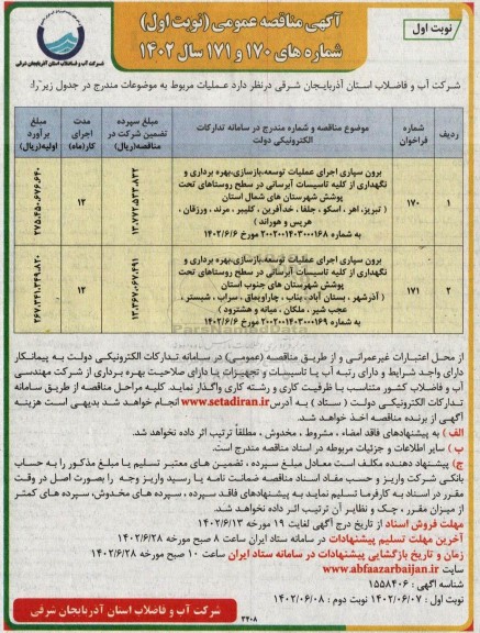 مناقصه برون سپاری اجرای عملیات توسعه، بازسازی، بهره برداری و نگهداری از کلیه تاسیسات آبرسانی در سطح روستاها...