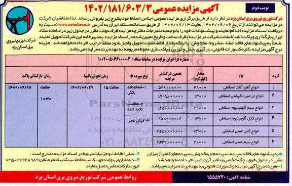 مزایده عمومی اجناس اسقاط  ـ نوبت دوم