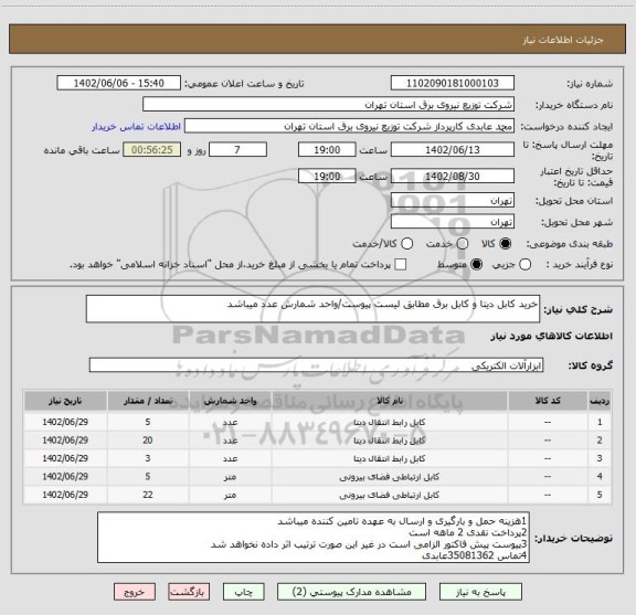 استعلام خرید کابل دیتا و کابل برق مطابق لیست پیوست/واحد شمارش عدد میباشد