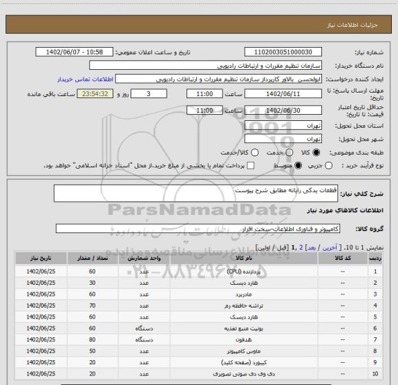 استعلام قطعات یدکی رایانه مطابق شرح پیوست