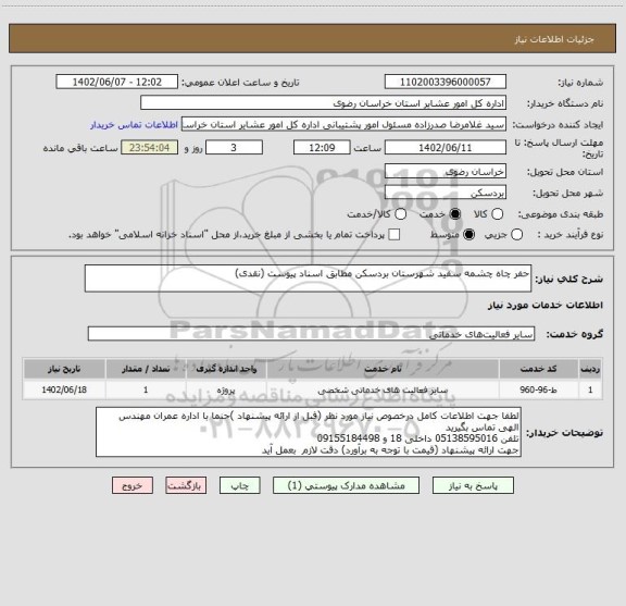 استعلام حفر چاه چشمه سفید شهرستان بردسکن مطابق اسناد پیوست (نقدی)