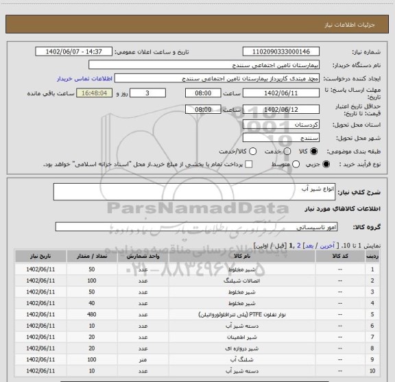 استعلام انواع شیر آب