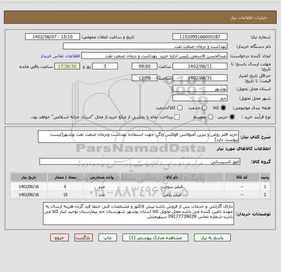 استعلام خرید فلتر روغن و بنزین آمبولانس فولکس واگن جهت استفاده بهداشت ودرمان صنعت نفت بوشهر(لیست پیوست دارد)