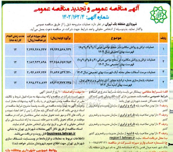 تجدید مناقصه عملیات تراش و روکش مکانیزه در سطح نواحی غربی و ...