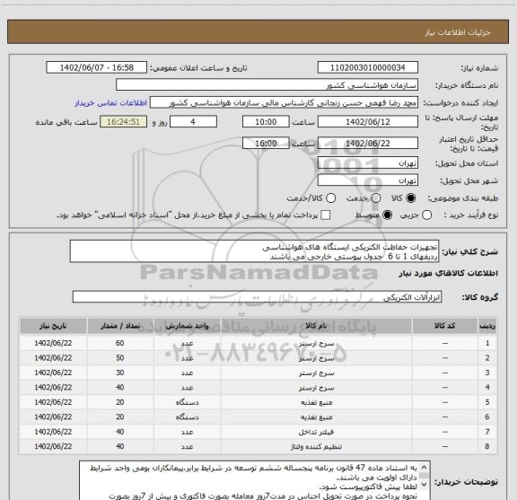 استعلام تجهیزات حفاظت الکتریکی ایستگاه های هواشناسی 
ردیفهای 1 تا 6  جدول پیوستی خارجی می باشند