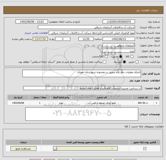 استعلام اجرای عملیات حفر چاه عمیق در محدوده شهرستان هوراند