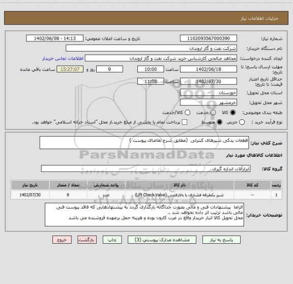 استعلام قطعات یدکی شیرهای کنترلی  (مطابق شرح تقاضای پیوست )