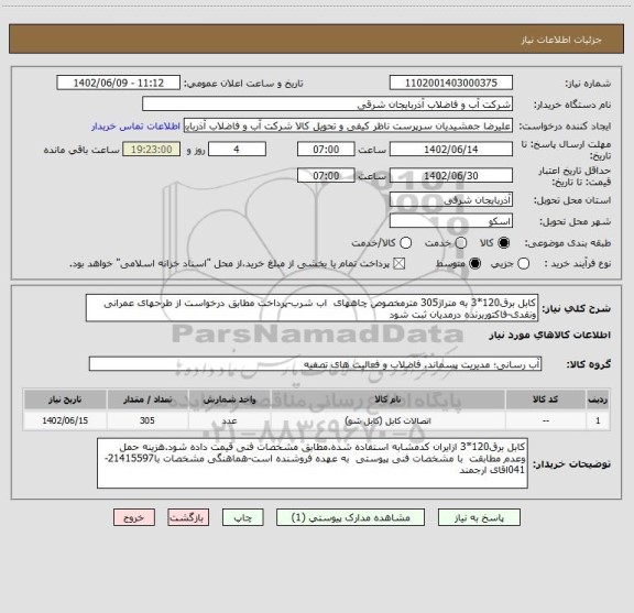 استعلام کابل برق120*3 به متراژ305 مترمخصوص چاههای  اب شرب-پرداخت مطابق درخواست از طرحهای عمرانی ونقدی-فاکتوربرنده درمدیان ثبت شود