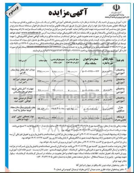 مزایده واگذاری ساختمان فضاهای آموزشی (کلاس) و یک باب منزل مسکونی و فضای مربوط به فروشگاه تعاونی مصرف-نوبت دوم