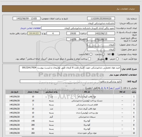 استعلام خرید مواد تخصصی دندانپزشکی جهت کلنیک بعثت 6 کرمان طبق توضیحات و لیست پیوست 09132417934