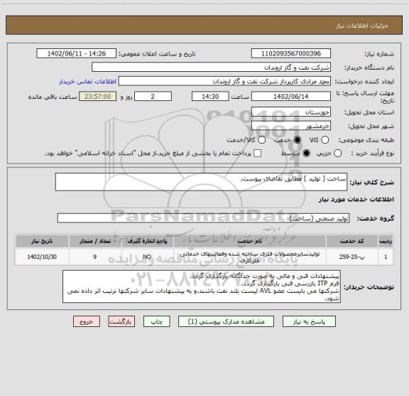 استعلام ساخت ( تولید ) مطابق تقاضای پیوست.