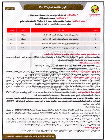 مناقصه خرید ترانسفورماتور توزیع کم تلفات...