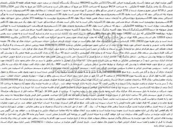 آگهی مزایده ششدانگ یکدستگاه آپارتمان در سمت جنوب طبقه همکف قطعه 8 تفکیکی بانضمام ششدانگ یک واحد پارکینگ قطعه 6 تفکیکی