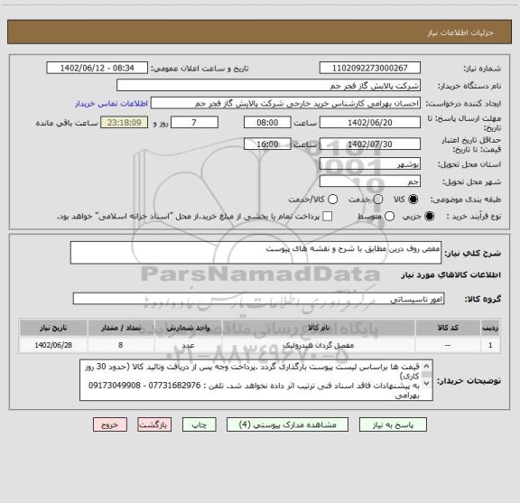 استعلام مفص روف درین مطابق با شرح و نقشه های پیوست