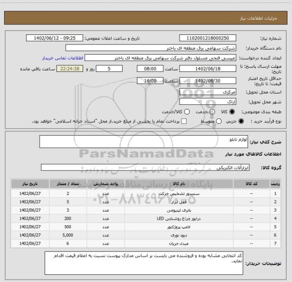 استعلام لوازم تابلو