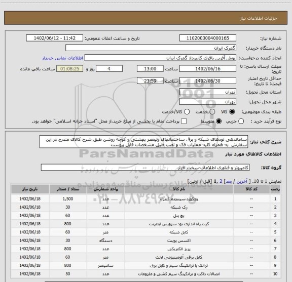 استعلام ساماندهی نودهای شبکه و برق ساختمانهای ولیعصر بهشتی و کوچه روشن طبق شرح کالای مندرج در این سفارش  به همراه کلیه عملیات فک و نصب طبق مشخصات فایل پیوست