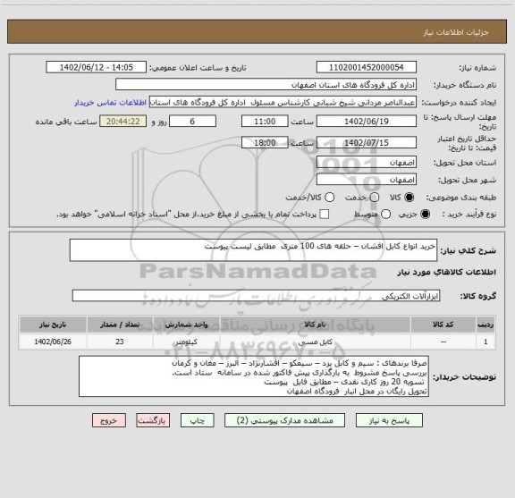 استعلام خرید انواع کابل افشان – حلقه های 100 متری  مطابق لیست پیوست