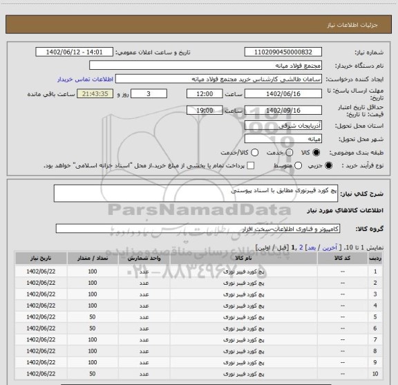 استعلام پچ کورد فیبرنوری مطابق با اسناد پیوستی