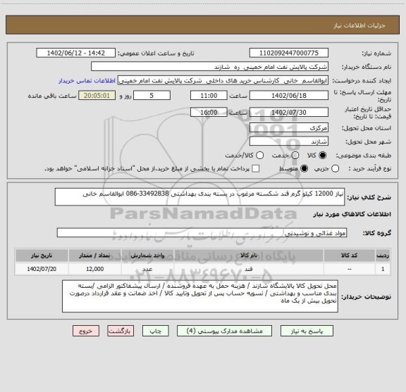 استعلام نیاز 12000 کیلو گرم قند شکسته مرغوب در بسته بندی بهداشتی 33492838-086 ابوالقاسم خانی