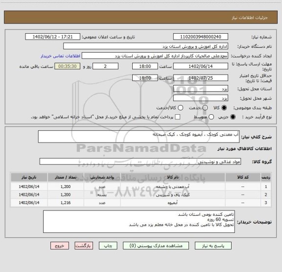 استعلام آب معدنی کوچک ، آبمیوه کوچک ، کیک صبحانه