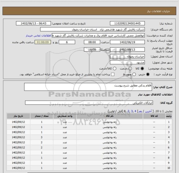 استعلام اقلام یدکی مطابق شرح پیوست