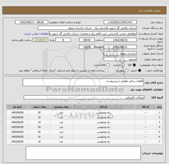 استعلام قطعات یدکی مطابق شرح پیوست