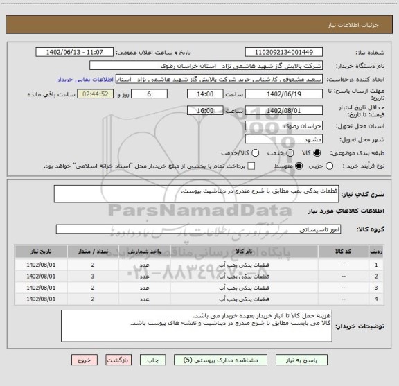 استعلام قطعات یدکی پمپ مطابق با شرح مندرج در دیتاشیت پیوست.