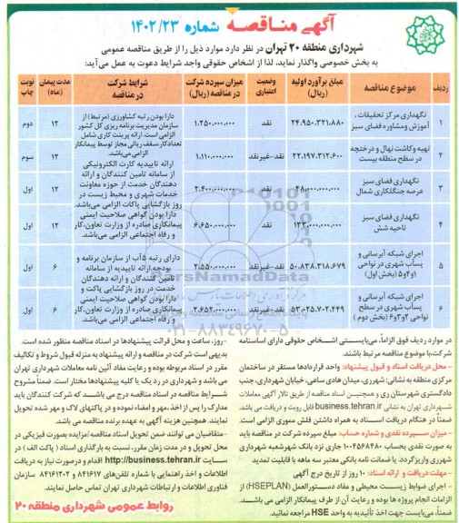 مناقصه نگهداری مرکز تحقیقات ، آموزش و مشاوره فضای سبز ....