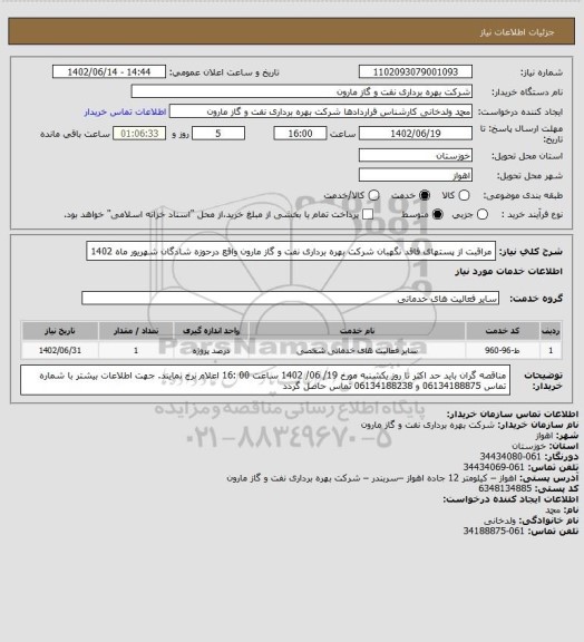 استعلام مراقبت از پستهای فاقد نگهبان شرکت بهره برداری نفت و گاز مارون واقع درحوزه شادگان شهریور ماه 1402