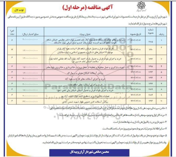 مناقصه زیرسازی معابر صالح دشت ...