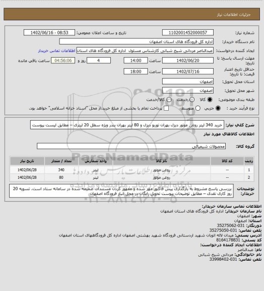 استعلام خرید 340 لیتر روغن موتور دیزل بهران توربو دیزل و 80 لیتر بهران بندر ویژه سطل 20 لیتری – مطابق لیست پیوست