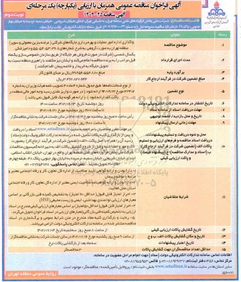 مناقصه واگذاری اداره امور عملیات و بهره برداری جایگاه های شرکتی (عرضه بنزین معمولی و سوپر)...- نوبت دوم