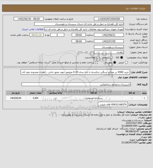 استعلام خرید 4500 تن مصالح سنگی شکسته با دانه بندی 19-0 میلیمتر جهت محور خاش - زاهدان محدوده جون آباد