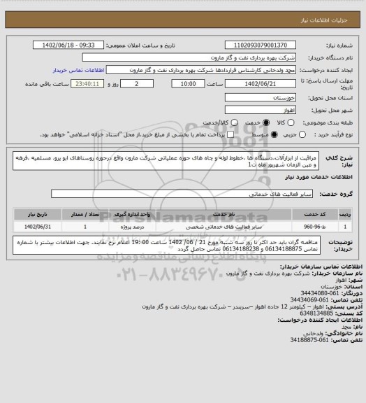 استعلام مراقبت از ابزارآلات،دستگاه ها ،خطوط لوله و چاه های حوزه عملیاتی شرکت مارون واقع درحوزه روستاهای ابو یرو، مسلمیه ،فرهه و عین الزمان شهریور  ماه ت1