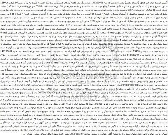 آگهی مزایده ششدانگ یک قطعه آپارتمان مسکونی نوع ملک طلق با کاربری به پلاک ثبتی 66 فرعی از 1286 اصلی ، مفروز و مجزا شده از2 فرعی از اصلی