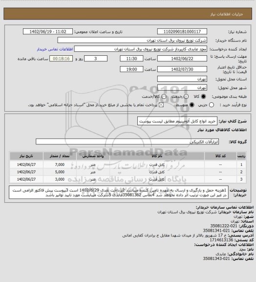 استعلام  خرید انواع کابل آلومینیوم مطابق لیست پیوست