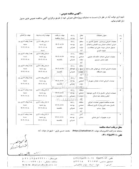 مناقصه عملیات اجرای زیرسازی ، جدول گذاری و اجرای آسفالت خیابان ....