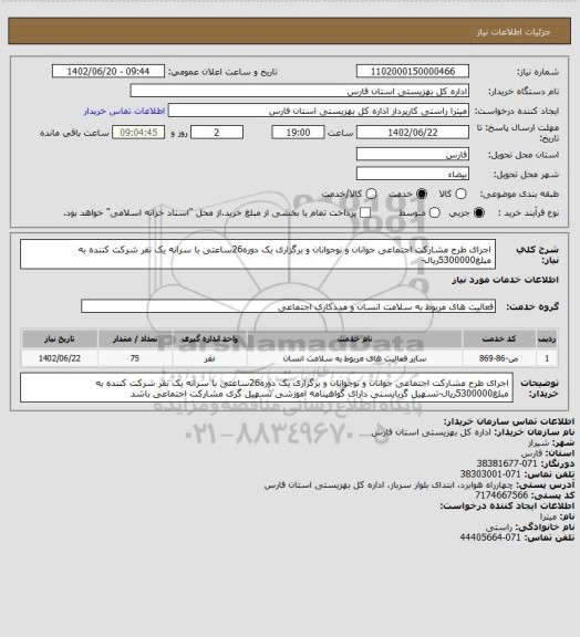 استعلام اجرای طرح مشارکت اجتماعی جوانان و نوجوانان و برگزاری یک دوره26ساعتی با سرانه یک نفر شرکت کننده به مبلغ5300000ریال-