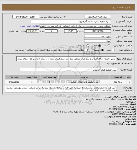 استعلام تعمیر ، اصلاح و رفع اشکال از دیگ های صنعتی پخت غذا  رستورانهای  مارون 1 ، مارون 4،تزریق گاز  و ستاد مارون