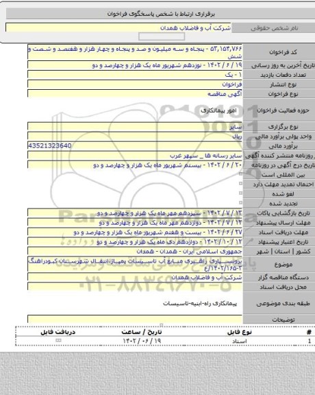 مناقصه, برونسپاری راهبری منابع  آب تاسیسات پمپاژ،انتقال شهرستان کبودراهنگ ۳-۱۴۰۲/۱۶۵/ع