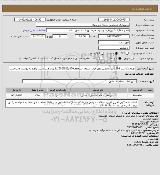 استعلام تهیه و کاشت 1000 نفر پاجوش نخل خرما.  سقف استعلام 11/600/000/000 ریال می باشد. برآورد به پیوست می باشد.