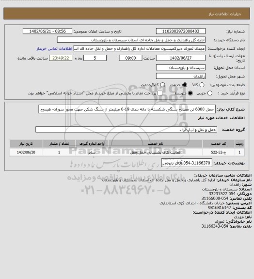 استعلام حمل 6000 تن مصالح سنگی شکسته با دانه بندی 19-0 میلیمتر از سنگ شکن جهت محور سوران- هیدوچ