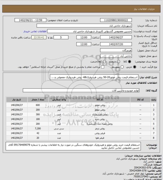 استعلام استعلام قیمت روغن موتور20-50 روغن هیدرولیک68- روغن هیدرولیک معمولی و ...