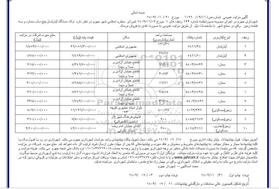 مزایده فروش یک دستگاه آپارتمان ، پنج باب مغازه  و سه قطعه زمین