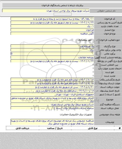 مناقصه, اجرای پروژه های توسعه و احداث و بهینه سازی شبکه های توزیع در محدوده مناطق برق