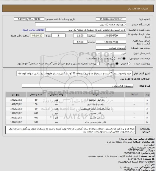 استعلام خرید پایه روشنایی 7 متری و سرچراغ ها و پروژکتورهای 150وات و کابل و سایر ملزومات روشنایی انتهای کوی لاله