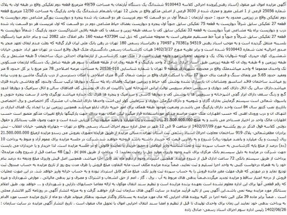 آگهی مزایده ششدانگ یک دستگاه آپارتمان به مساحت 49/59 مترمربع قطعه دوم تفکیکی